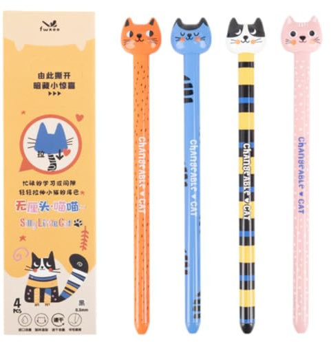 CEJAS 4 Stück Gelschreiber, Kawaii Cartoon Cute Cat Gel Stift, 0,5 mm Stift, Einziehbarer Stift, Geschenk Schreibwaren Nette Schreibgriffe Pens Nizza Büro Schulbedarf, Schwarz