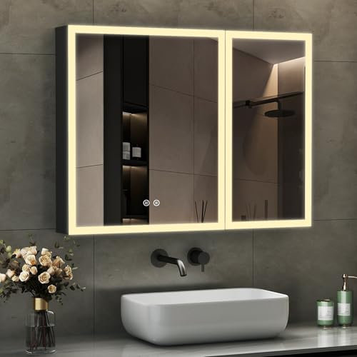 Boromal Spiegelschrank Bad mit Beleuchtung Badezimmer Spiegelschrank mit Beleuchtung Metall LED Badezimmerschrank mit Dimmbar + Beschlagfrei + Stecker + Verstellbare Glasablage (80 x 60 x 12,5 cm)