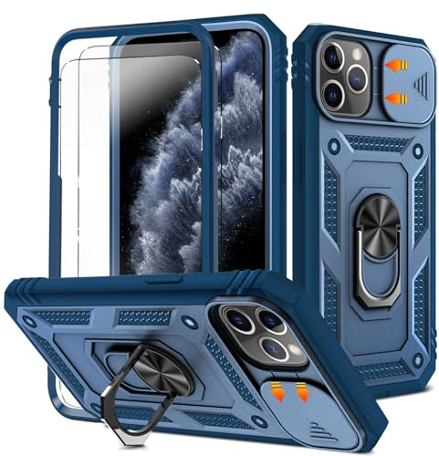 HpulaCase for iphone 11 Pro Case with Camera Cover Slider, 2*Screen Protectors,Build in 360°Rotating Ring Kickstand, Military Grade Protective Case for iphone 11 Pro 5.8-Blue