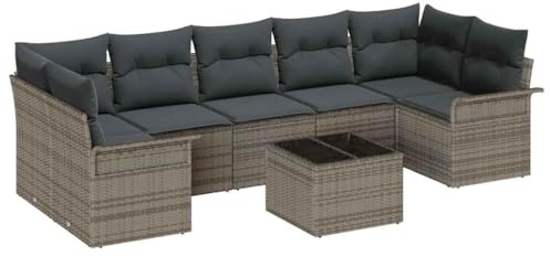 vidaXL 8-teiliges Garten-Sofa-Set mit Kissen in Grau aus Poly-Rattan – Moderne Sitzmöbel für Deine Patio-Lounge und Terrasse, modulare Anordnung für Dein Deck.
