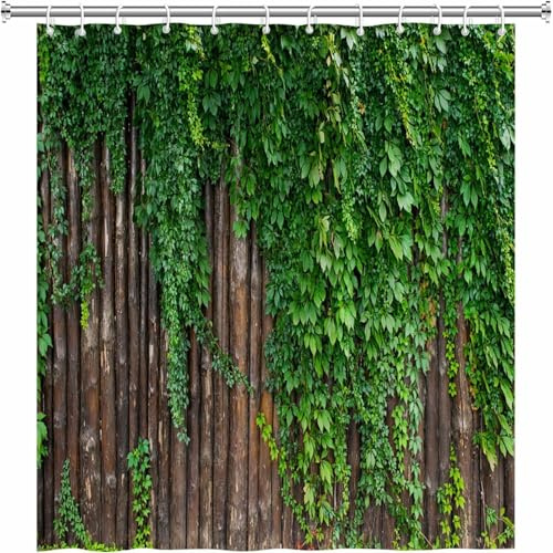 3D Duschvorhang Antischimmel 120x180 cm Grüner Efeu Duschvorhang Holzzaun, Wasserdicht Polyester Stoff Textil Duschvorhänge Waschbar Bad Vorhäng für Badzimmer mit 8 Haken b.1108