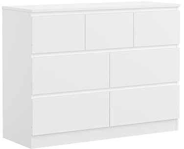 Panana 7/8 Drawers Wide Chest of Drawers, Wooden Lateral Dresser Storage Organizer Unit No Handle Sleek Design for Bedroom, Living Room, Hallway, Entryway (White, 7 Drawers)
