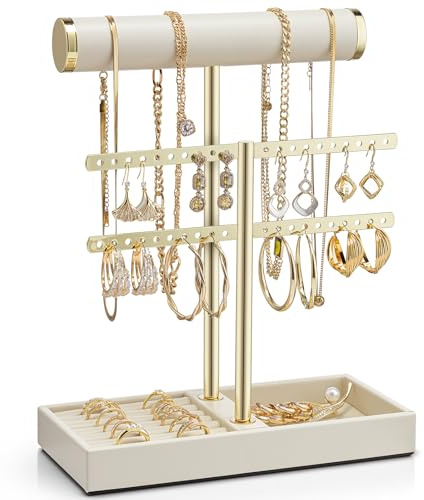 Vlando 2-stöckiger Halskettenhalter mit Tablett, Leder-Armbandhalter, Display für Damen, goldener Schmuckhalter für Armband, Halskette, Ohrringe, Ringe – Wolkenweiß