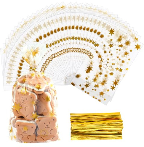 100x Kekstüten Weihnachten,9.5x16x4cm Gold Sterne Cellophantüten mit Boden | Durchsichtig Geschenktüten, Geschenkbeutel Weihnachten mit Krawatten für SüßIgkeiten Chocolate Brot