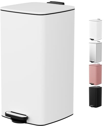 LIFERUN Poubelle Cuisine 30 L à Pédale, Poubelle Rectangulaire en Acier avec Couvercle Soft-Close, Seau Intérieur et Fonction Maintien Ouvert, pour Cuisine, Salon et Bureau – Blanc