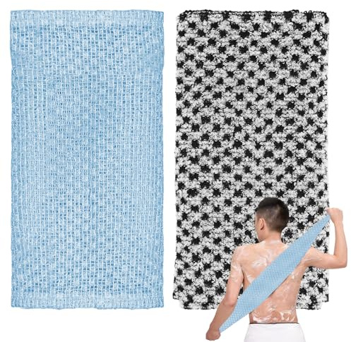 2 Pièces Gommage du Japonais Set, Extra longue Exfoliant Chiffon de lavage, Gant de Toilette Exfoliant pour Nettoyage en Profondeur/Massage, Douche, Lavage Dos (Bleu, Noir)