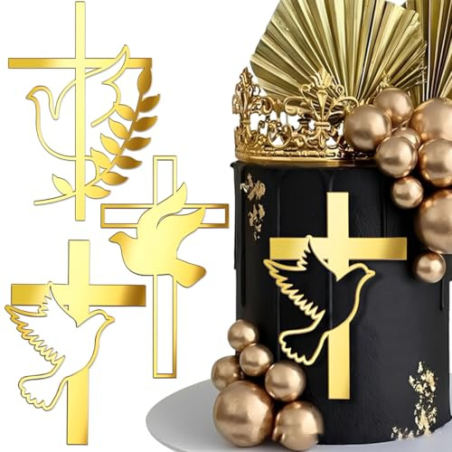 Luxorium 3 Stück Tortendeko Kommunion Kreuz Gold Cake Topper für Taufe Konfirmation Torte Deko Acryl Kuchenaufsatz