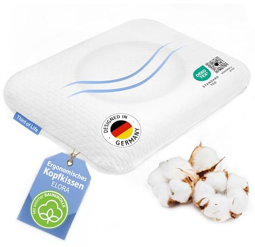 Ergonomisches Memory Foam Kopfkissen, Bezug mit hochwertiger Baumwolle | Nackenstütz-Kissen ELORA von Schlafexperten entwickelt, Ideal für Rücken- & Seitenschläfer, Ökotex 100, Passt in 40x60 Bezug