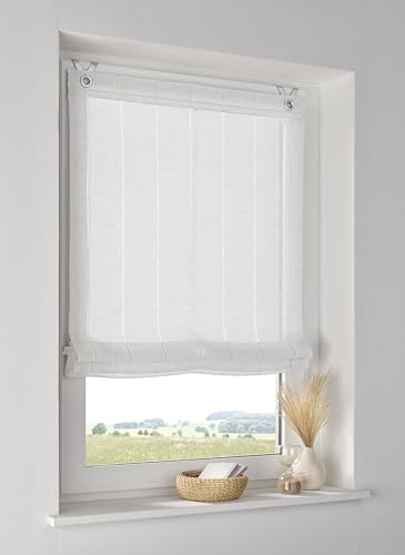 Raffrollo AYA Offwhite 45 x 140 cm, halbtransparentes Faltrollo | Leinenoptik, höhenverstellbar, mit eingewebten Streifen, Fensterhaken inklusive, Montage ohne Bohren