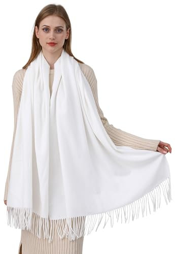 Womens Winter Shawls Warm Casual Scarf Solid Pashmina Tassel Style Stoles for Wedding Party(White)