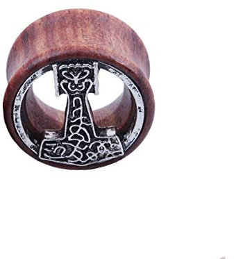 BlackAmazement Flesh Tunnel Plug Inlay Piercing Holz Wood Wikinger Mjölnir Malmer Thors Hammer Herren Damen (16 mm - 1 Stück)