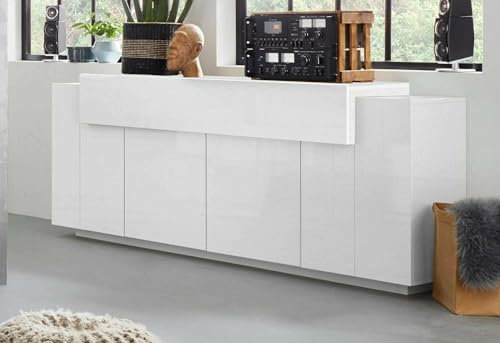 Dmora - Buffet Loris, Buffet de Cuisine 4 Portes, Buffet de Salon, 100% Made in Italy, 220x45h86 cm, Blanc Brillant