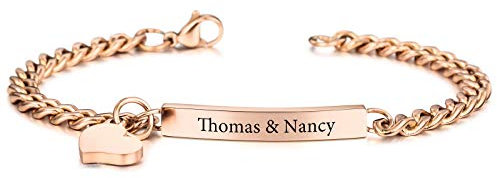 INBLUE Personalisierte Armband Benutzerdefinierte Gravur Name Datum ID für Frauen Mädchen Freundin Edelstahl Bar Fußkettchen mit Herz Anhänger Freundschaft Brautjungfer Geschenk(Roségold Farbe)