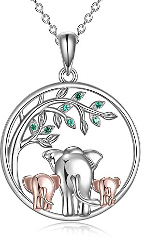YFN Elefanten Halskette 925 Sterling Silber Familie Mutter Vater Tochter Anhänger Schmuck Geschenke für Damen Mädchen (Elefant Ⅰ-Drei-Silber&Rose Gold)