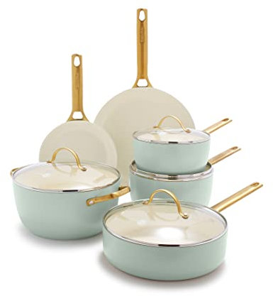 GreenPan Reserve Hard Anodized Healthy Ceramic Nonstick 10 Piece Cookware Pots and Pans Set, Gold Handle, PFAS-Free, Dishwasher Safe, Oven Safe, Julep Green
