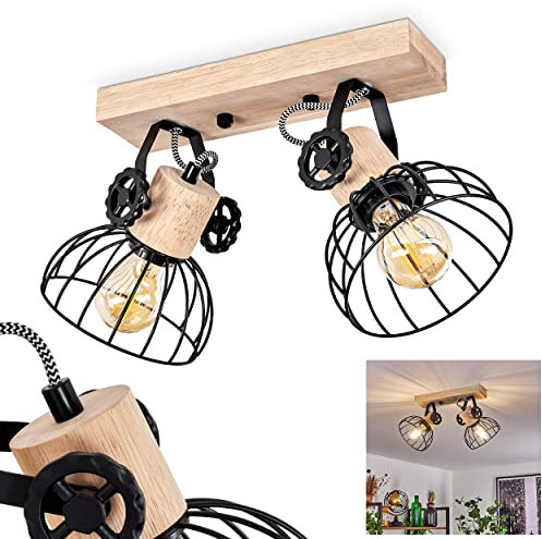 Deckenleuchte Orny, Deckenlampe im Vintage-Design aus Holz/Metall in Natur/Schwarz m. Schirmen in Gitter-Optik, Leuchte m. Holzbalken, Textilkabeln u. verstellbaren Strahlern, E27, ohne Leuchtmittel