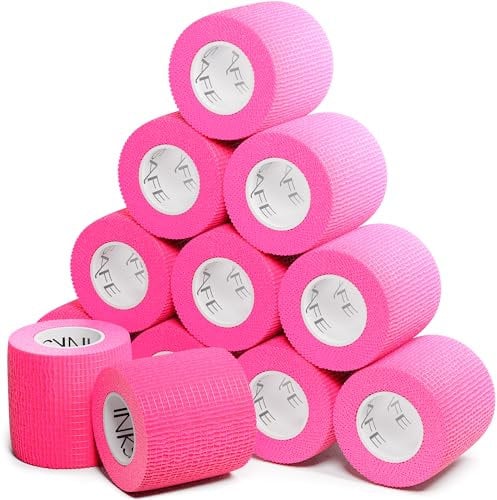 Inksafe Rosa Selbsthaftende kohäsive Bandagen, Haftbandage, Grip Wrap Tattoo 5 cm x 4,5 m, Box mit 12 Stück