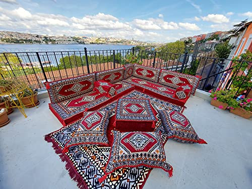 Maroon Floor Sofa Seating Set, Traditional Arabic Sofa Set, Oriental Floor Seating, Floor Cushions, Living Room Sofa, Arabic Majlis, Couches (L Sofas + Rug)