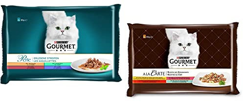 PURINA GOURMET Perle Erlesene Streifen Katzenfutter nass, Sorten-Mix, 12er Pack (12 x 4 Beutel à 85g) & A la Carte Katzenfutter nass, Sorten-Mix, 12er Pack (12 x 4 Beutel à 85g)