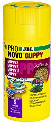 JBL PRONOVO GUPPY GRANO, Hauptfutter für Guppys und Lebendgebärende von 3-10 cm, Fischfutter-Granulat, Klickdosierer, Größe S, 100 ml