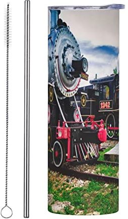 Steam Trains Vintage Tumbler Cup 20 oz, Stainless Steel Mug Vaccum Insulated Skinny Tumblers with Lid and Straw Double Wall Feak Proof Coffee Travel Mug Birthday Gift for Women Men