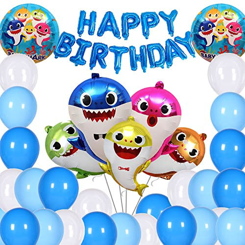 Shamoparty Shark Partei Luftballons, 33 Stück Hai Thema Geburtstagsfeier Deko, Inkl Shark Geburtstag Banner, Latex Luftballons, Folienballons, für Kindergeburtstag Shark Party Dekoration
