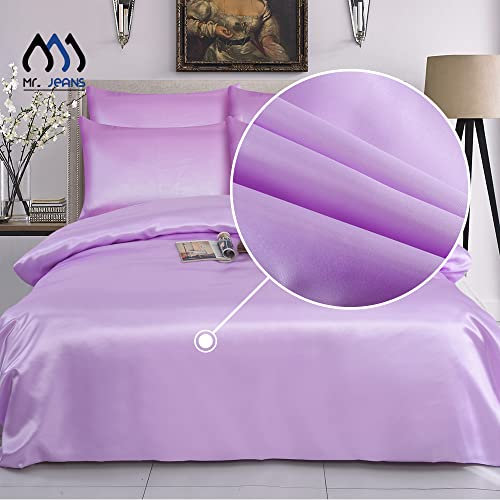 Satin Silk Duvet Cover Sets - 6 PCS - Quilt Cover Bedding Set With Fitted Sheet + 4 Pillow Cases, Lilac - Double