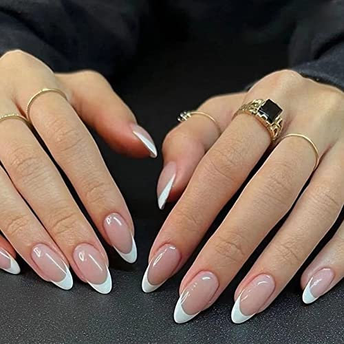 NICENEEDED 24 Pcs French False Nails Medium, Almond Press on Nails, French Tip Stick on Nails Nude White Glue-on Nails Full Cover Fake Nails Oval Acrylic Nails for for Women Nail Art