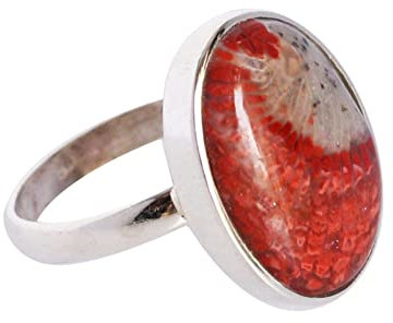 Kamee-Ring -3499A mit natürlichem rotem Horn-Koralle, 925er Sterlingsilber, Lünettenfassung, Edelstein, Rote Horn-Koralle