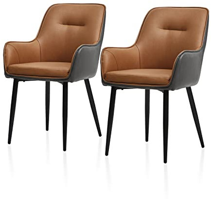 TUKAILAI Esszimmerstühle 2er Set Kunstleder,Küchenstuhl Polsterstuhl Armlehnstuhl mit Armlehne,Rückenlehne,Gepolstertes Sitz,Metallbeinen,Moderner Sessel in zweifarbigem Design,Esszimmer, Braun&Grau
