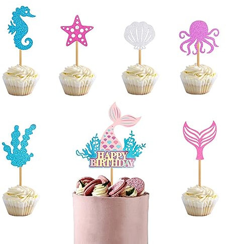 KOBOKO Meerjungfrau Tortendeko, Kindergeburtstag Mädchen Glitzer Cake Topper, Kuchen Deko für Cupcake Toppers Wrappers, Thema Party Dekoration, Geburtstag