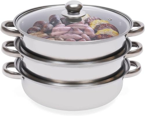 HEcSHENG 3 Tier Steamer 28cm Stainless Steel Induction Hob Food Steamer Steam Pot Cooker Set with Pan Glass Lid