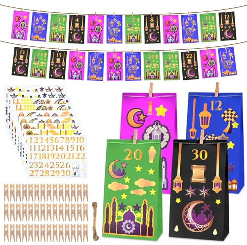 30 Stück DIY Ramadan Kalender zum Befüllen Ramadan Tüten Eid Mubarak Geschenktüten Ramadan Adventskalender mit Aufklebern und Klammern für Muslimische Dekoration