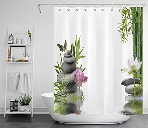 LB Graue Zen-Steine Duschvorhang 150x200cm(BxH) Rosa Blumengrüner Bambus Antischimmel Wasserdicht Badezimmer Vorhänge, Schmetterling im Garten Extra Lange Polyester Stoff Bad Vorhang mit Haken