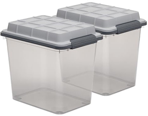 Curver Set mit 2 mittelgroßen Latch PRO 29QT strapazierfähigen, wasserabweisenden Kunststoff-Organisations- und Aufbewahrungsboxen mit extra Kapazität, Verriegelungsdeckel, transparent grau