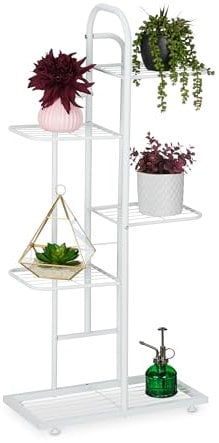 Relaxdays Scaffale Portapiante, 5 Ripiani in Metallo 96,5x45x22 cm, Portafiori e Portavasi, Fioriera, Acciaio, Bianco