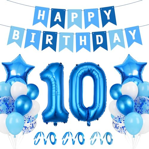 Luftballon 10. Geburtstag Blau - Happy Birthday Folienballon, Riesen Folienballon Zahl 10, Ballon Deko, Geburtstagsdeko Jungen 10 Jahr