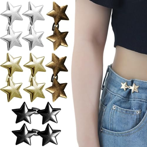 8 Sets Star Jeans Button Pant Waist Tighteners No Sewing Adjustable Waist Required Buttons Instant Removable Jean Buttons Metal Stars Jean Button Pins for Loose Jeans Pants Skirts Clothing Sleeves