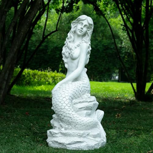 BEGORGEO Gartenstatue Meerjungfrau auf Ozean, Felsen, Kunstharz, Outdoor-Skulptur, große Außendekoration für Rasen, Terrasse, Pool, Zuhause, Ornament, große Meerjungfrau-Figur, Sammlerstück