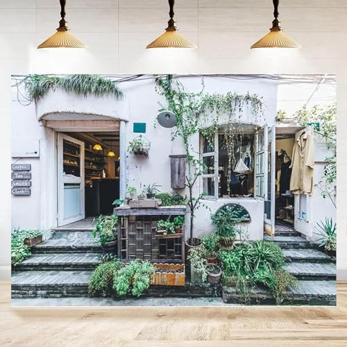 Italienische Stadt Kulisse Café Fenster Topfpflanzen Blumen Fotografie Hintergrund Zeigen Geburtstag dekorieren Banner 440x300CM