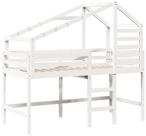 vidaXL Hochbett, Kinderbett mit Dach Leiter Sicherheitsgeländer, Spielbett für Kinderzimmer, Bett Holzbett Einzelbett, Weiß 90x190cm Massivholz Kiefer