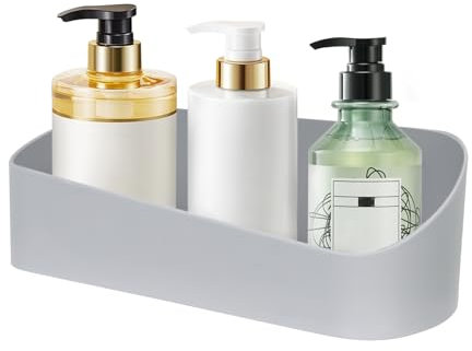Minicoco Bathroom Shelf Adhesive Shower Caddy Basket Organiser Wall Mounted No Drilling Bath Storage Stick On Shelf Holder (Grey)