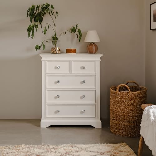 Gainsborough White Chest of Drawers, 2 Over 3 | Assembled Bedroom Furniture, Hampton Style, 90cm W x 105cm H x 42.5cm D | Metal or Crystal Handles (Crystal-Handles)