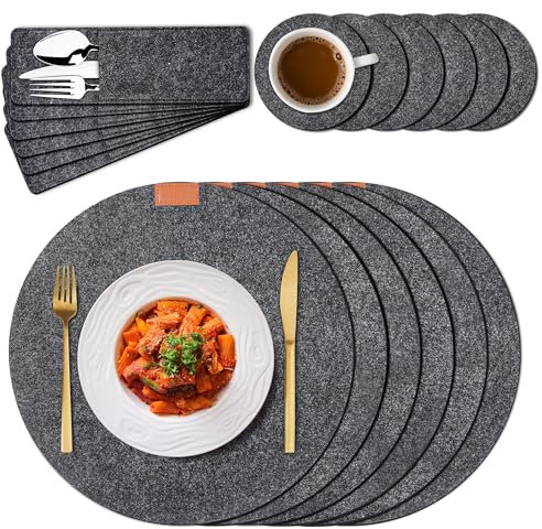 Tischset aus Filz 18er Set, 6 Tischsets Abwaschbar Platzsets rutschfest Hitzebeständig Platzdeckchen mit 6 Untersetzer 6 BestecksäCken für Küche Speisetisch (Rund)