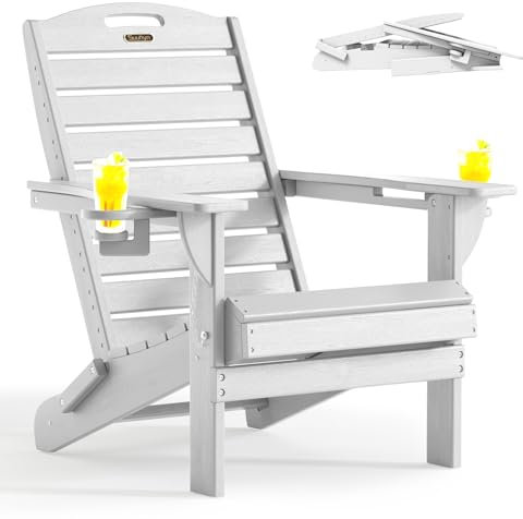 SUUNYN Adirondack Klappstuhl mit doppeltem Getränkehalter, Outdoor-Kunststoff-Terrassenstühle für Terrasse, Rasen, Feuerstelle, wetterbeständig, Holzstruktur, Weiß