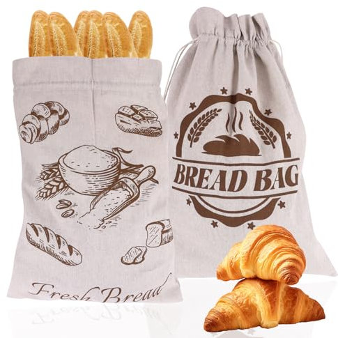 Konesky Lot de 2 grands sacs à pain en lin réutilisables, sacs à pain écologiques en toile de jute avec cordon de serrage pour garder le pain frais, grands sacs de rangement pour pain, baguette