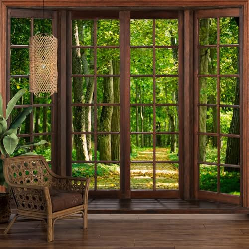 Papier peint panoramique Trompe l'oeil Fenêtre en bois - Forêt - Largeur 313 cm x Hauteur 250 cm