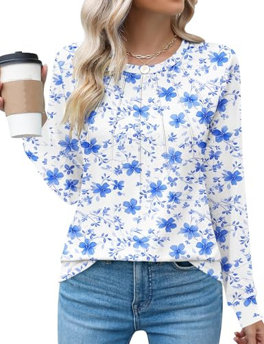 Rapbin Womens Casual Long Sleeve T-Shirts Crew Neck Pleated Tops Fashion Dressy Tunic Blouses,White & Blue Floral,S