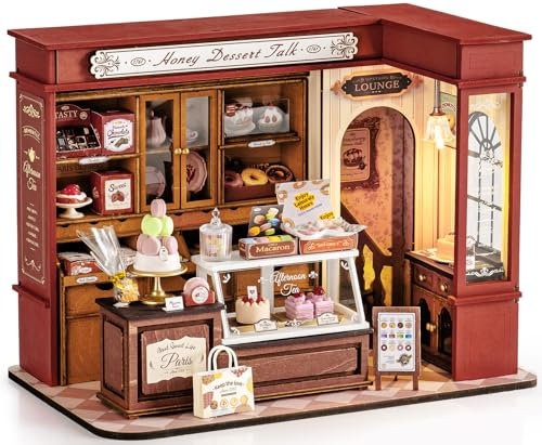 ROBOTIME DIY Miniature House in Legno Negozio di dolciumi, Case in Miniatura da Costruire con LED per Adulti e Bambini, Regalo di Compleanno