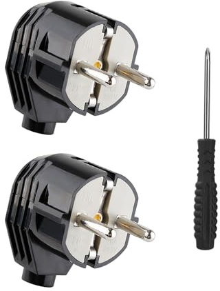 Schuko Stecker, Stromstecker mit Zugentlastung, Schutzkontakt-Stecker mit Knickschutztülle, Spritzwassergeschützt und Langlebig, Bruchfest, Stecker 250V, 2 Stücke Schwarz